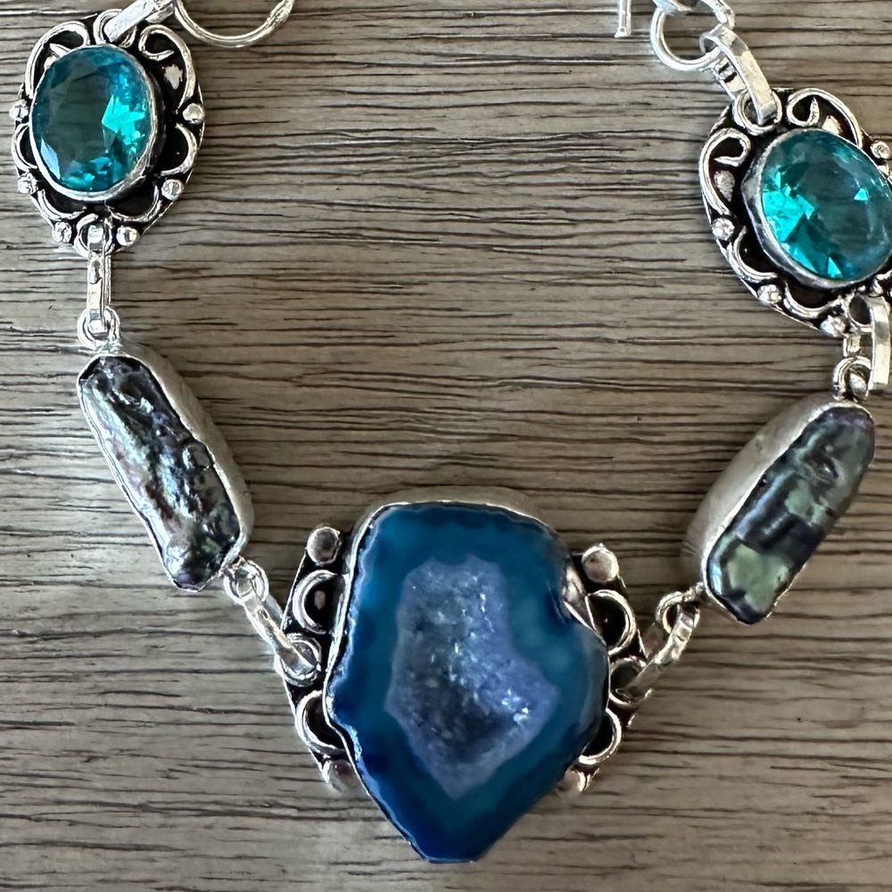 0191 Solar Agate Blue Topaz Handmade Bracelet Silver Gemstone Jewelry - Picture 4 of 11